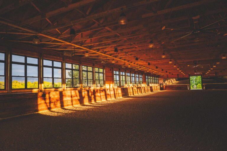 A custom indoor arena that light shines through as sunset approaches